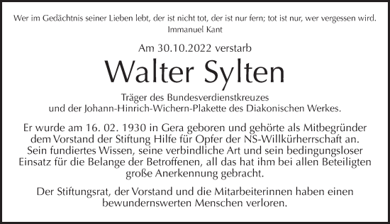 Traueranzeige von Walter Sylten von Berliner Zeitung