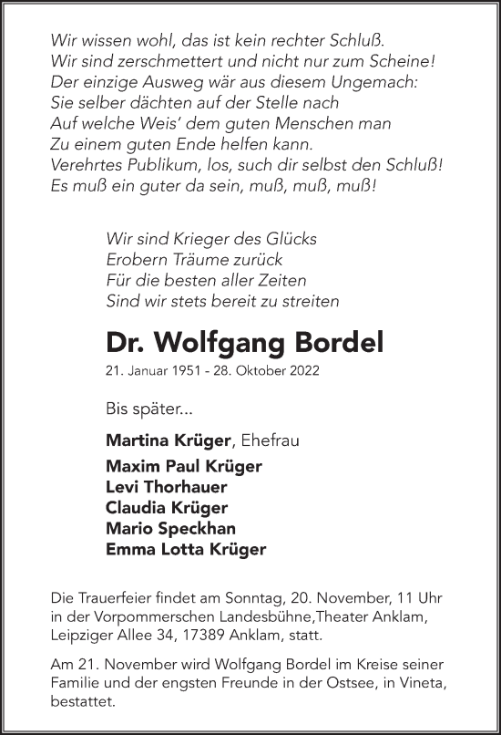 Traueranzeige von Wolfgang Bordel von Berliner Zeitung