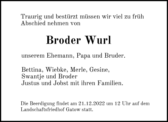 Traueranzeige von Broder Wurl von Berliner Zeitung