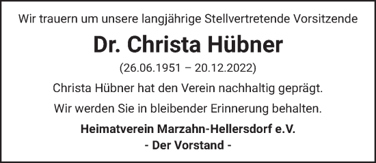 Traueranzeige von Christa Hübner von Berliner Zeitung