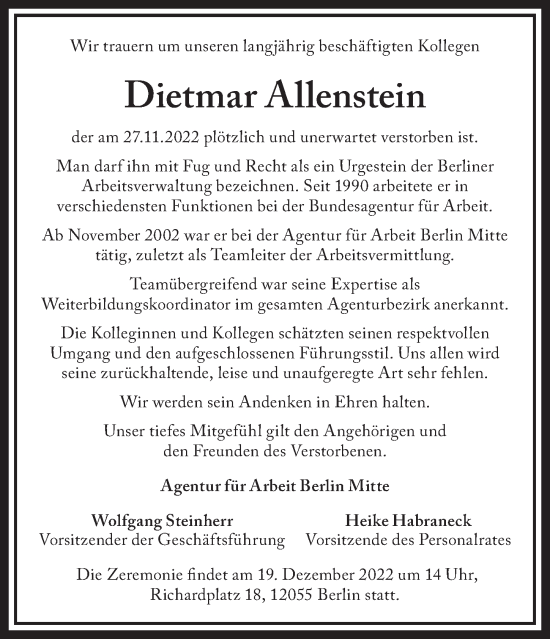 Traueranzeige von Dietmar Allenstein von Berliner Zeitung