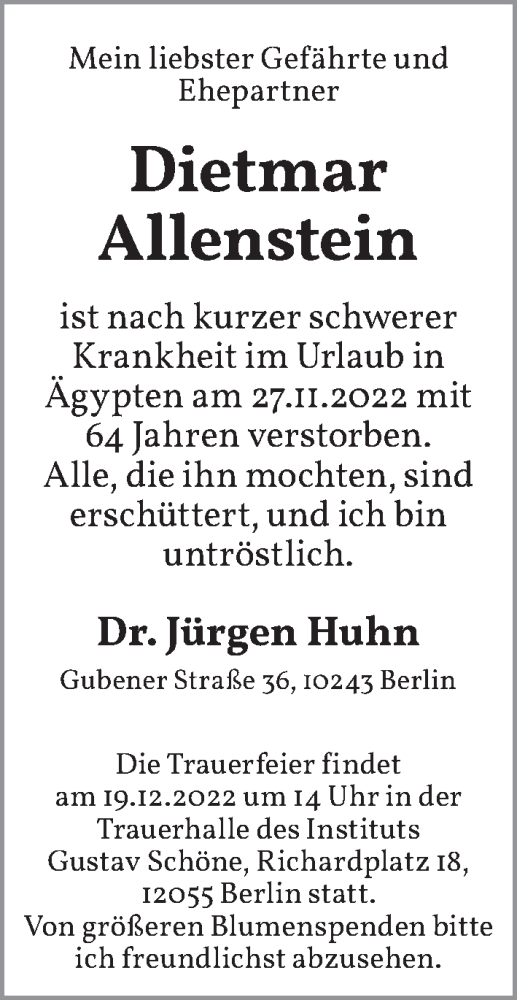  Traueranzeige für Dietmar Allenstein vom 14.12.2022 aus Berliner Zeitung