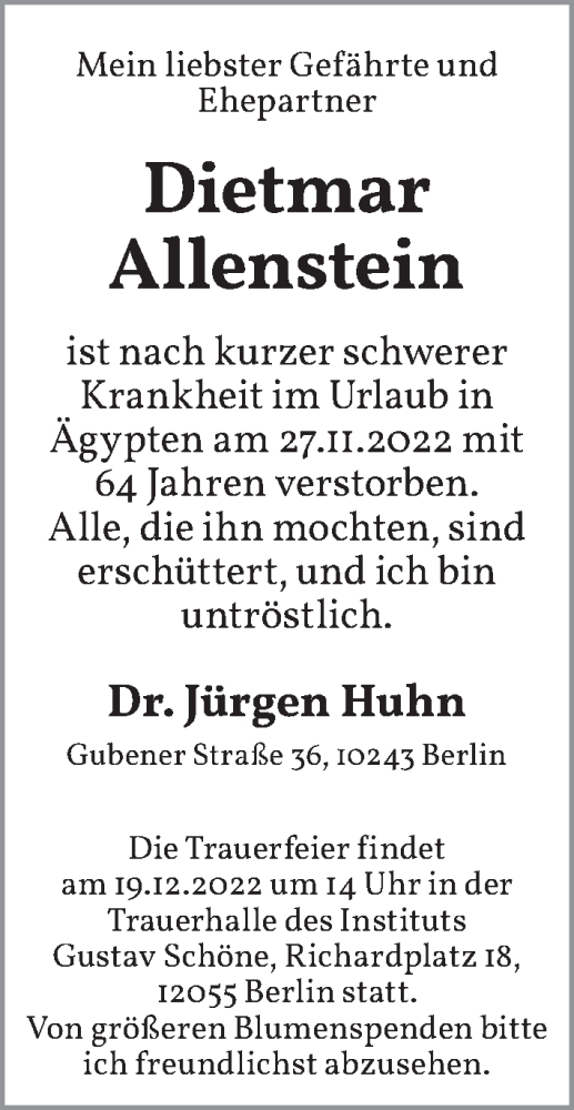 Traueranzeige von Dietmar Allenstein von Berliner Zeitung