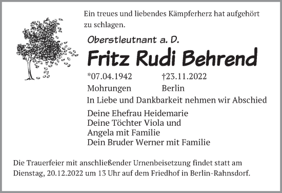 Traueranzeige von Fritz Rudi Behrend von Berliner Zeitung