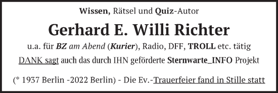 Traueranzeige von Gerhard E. Willi Richter von Berliner Kurier