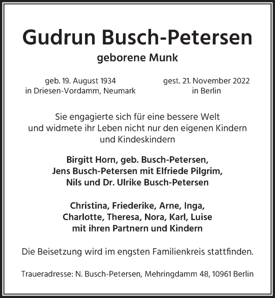 Traueranzeige von Gudrun Busch-Petersen von Berliner Zeitung