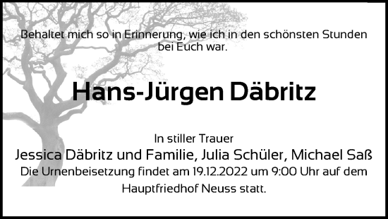 Traueranzeige von Hans-Jürgen Däbritz von Berliner Zeitung