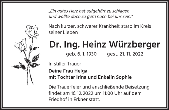 Traueranzeige von Heinz Würzberger von Berliner Zeitung