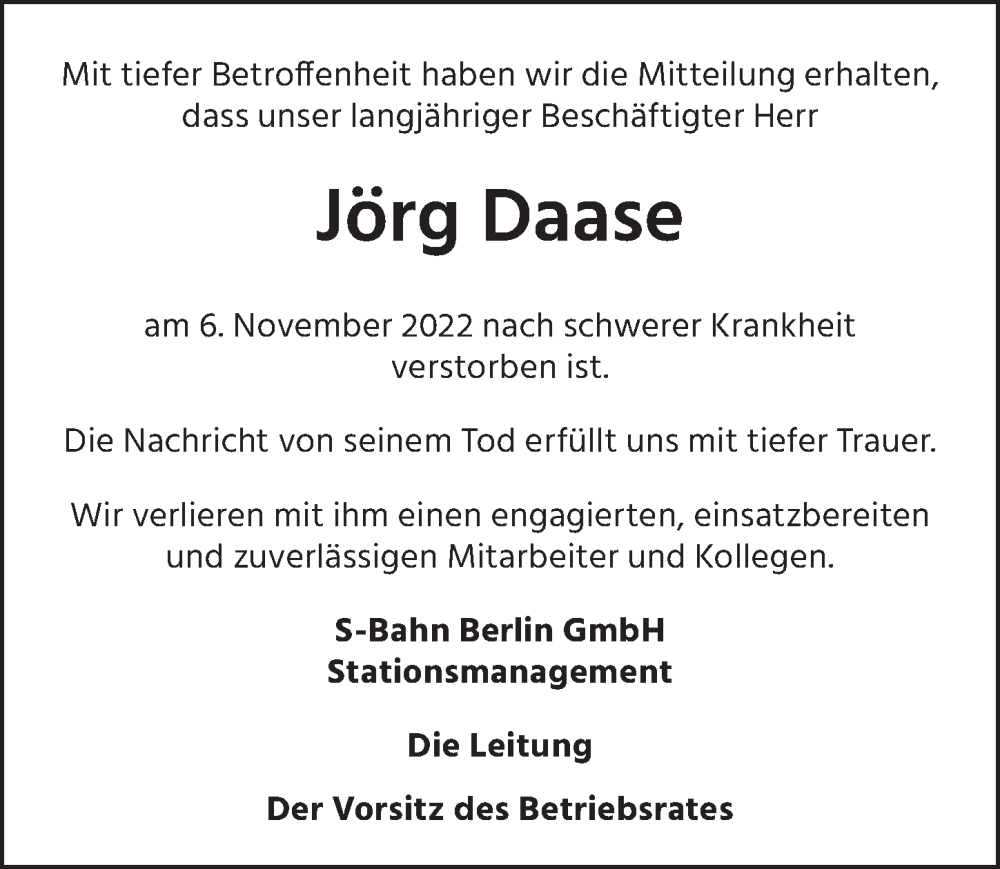  Traueranzeige für Jörg Daase vom 17.12.2022 aus Berliner Zeitung