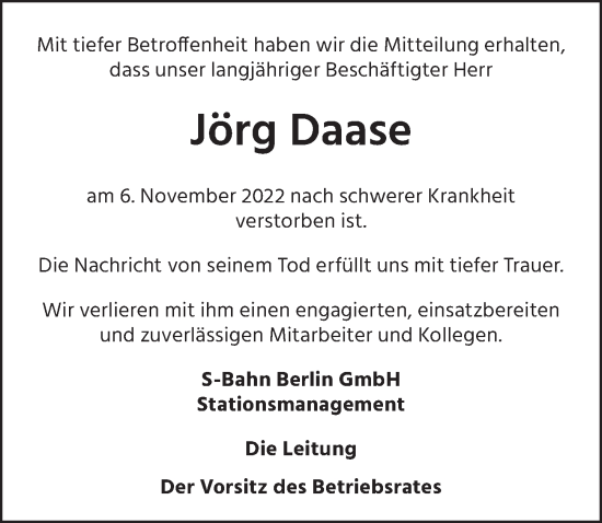 Traueranzeige von Jörg Daase von Berliner Zeitung