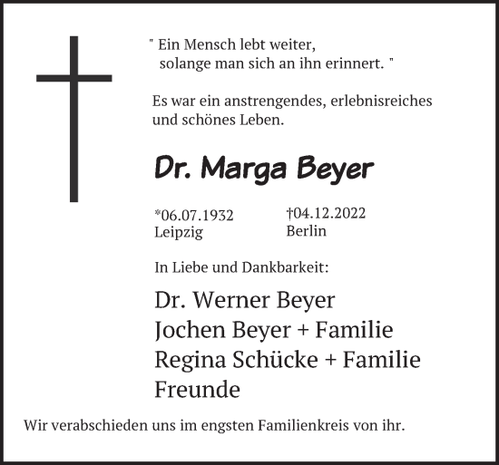 Traueranzeige von Marga Beyer von Berliner Zeitung