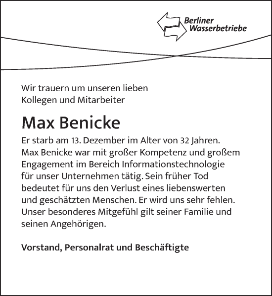 Traueranzeige von Max Benicke von Berliner Zeitung