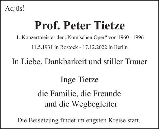 Traueranzeige von Peter Tietze von Berliner Zeitung