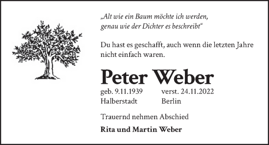 Traueranzeige von Peter Weber von Berliner Zeitung