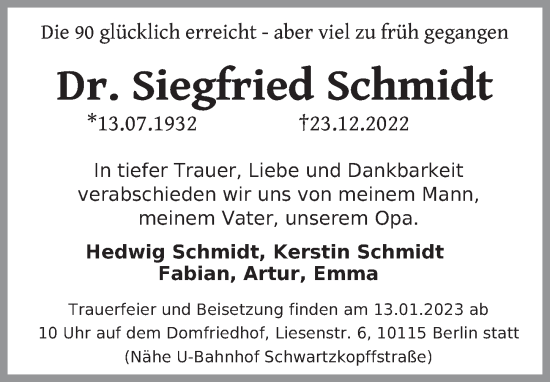 Traueranzeige von Siegfried Schmidt von Berliner Zeitung