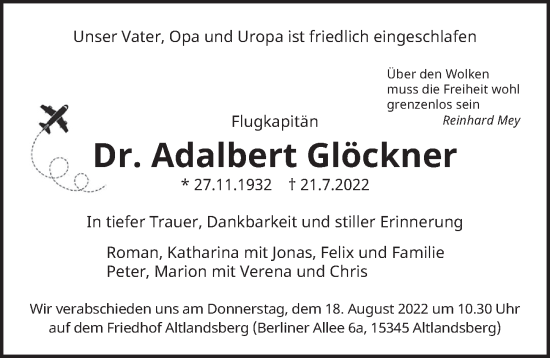 Traueranzeige von Adalbert Glöckner von Berliner Zeitung