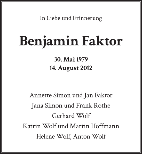 Traueranzeige von Benjamin Faktor von Berliner Zeitung