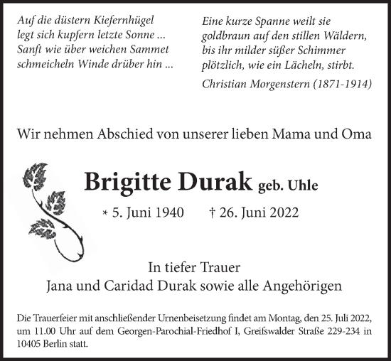 Traueranzeige von Brigitte Durak von Berliner Zeitung