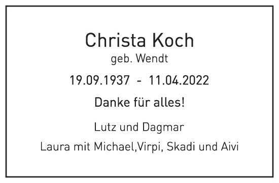 Traueranzeige von Christa Koch von Berliner Zeitung