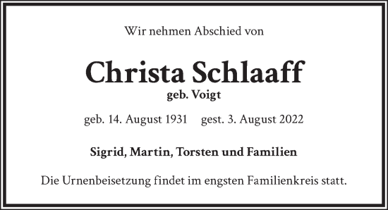 Traueranzeige von Christa Schlaaff von Berliner Zeitung
