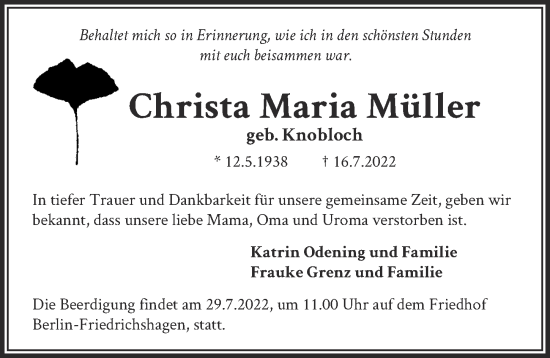 Traueranzeige von Christa Maria Müller von Berliner Zeitung