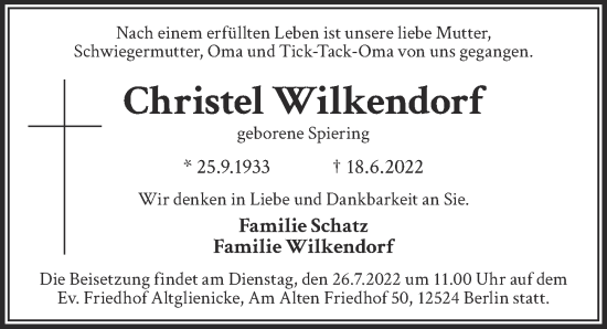 Traueranzeige von Christel Wilkendorf von Berliner Zeitung