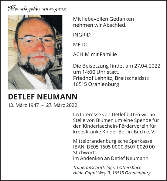 Traueranzeige von Detlef Neumann von Berliner Zeitung