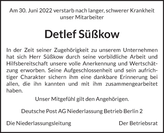 Traueranzeige von Detlef Süßkow von Berliner Kurier