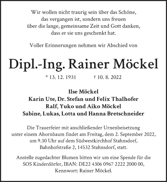 Traueranzeige von Dipl-Ing. Rainer Möckel von Berliner Zeitung