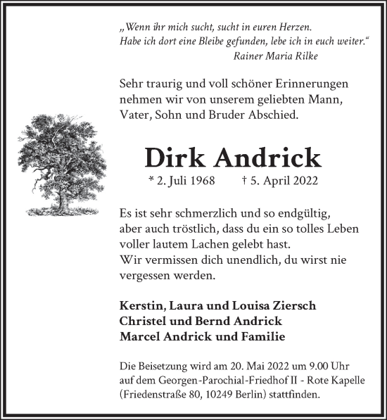 Traueranzeige von Dirk Andrick von Berliner Zeitung