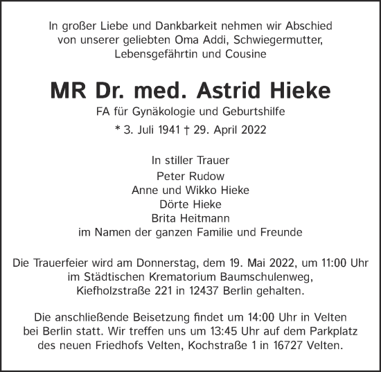 Traueranzeige von Dr. Astrid Hieke von Berliner Zeitung