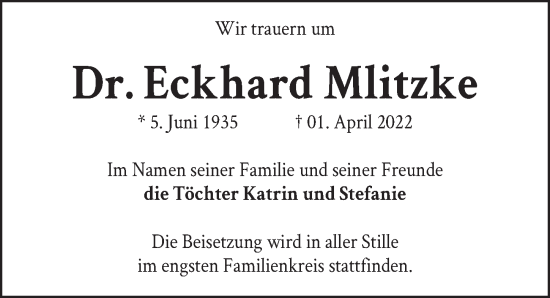 Traueranzeige von Dr. Eckhardt Mlitzke von Berliner Zeitung