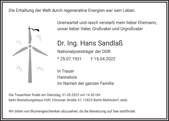 Traueranzeige von Dr. Hans Sandlaß von Berliner Zeitung