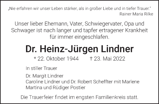 Traueranzeige von Dr. Heinz-Jürgen Lindner von Berliner Zeitung