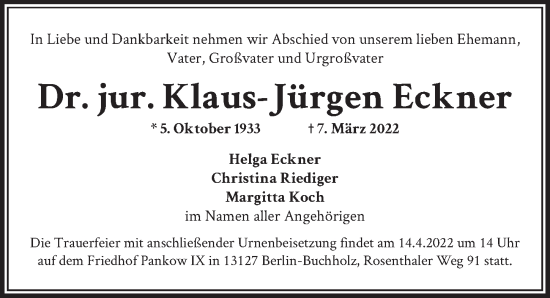Traueranzeige von Dr. Klaus-Jürgen Eckner von Berliner Zeitung