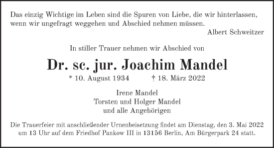 Traueranzeige von Dr. sc. jur. Joachim Mandel von Berliner Zeitung