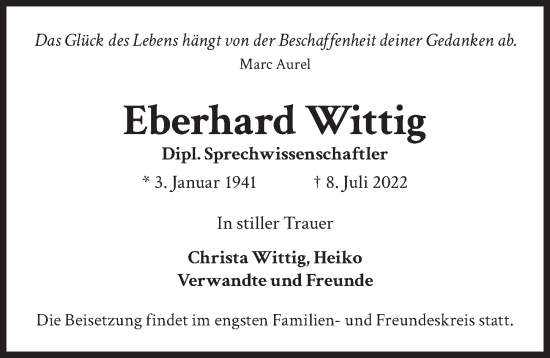 Traueranzeige von Eberhard Wittig von Berliner Zeitung