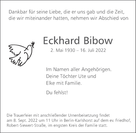 Traueranzeige von Eckhard Bibow von Berliner Zeitung