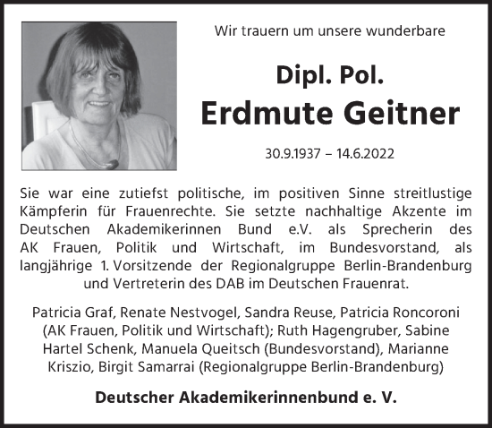 Traueranzeige von Erdmute Geitner von Berliner Zeitung