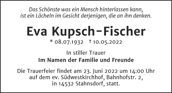 Traueranzeige von Eva Kupsch-Fischer von Berliner Zeitung