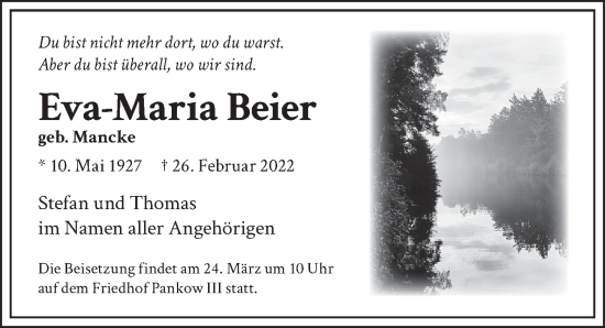 Traueranzeige von Eva-Maria Beier von Berliner Zeitung