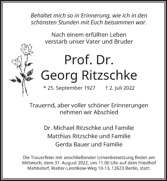 Traueranzeige von Georg Ritzschke von Berliner Zeitung