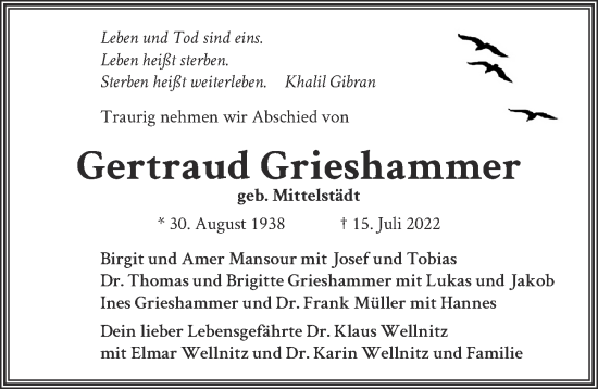 Traueranzeige von Gertraud Grieshammer von Berliner Zeitung