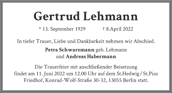 Traueranzeige von Gertrud Lehmann von Berliner Zeitung