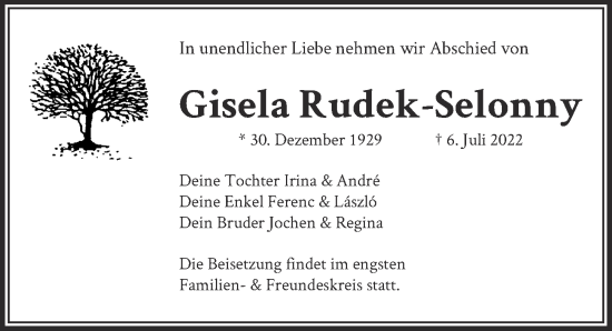 Traueranzeige von Gisela Rudek-Selonny von Berliner Zeitung