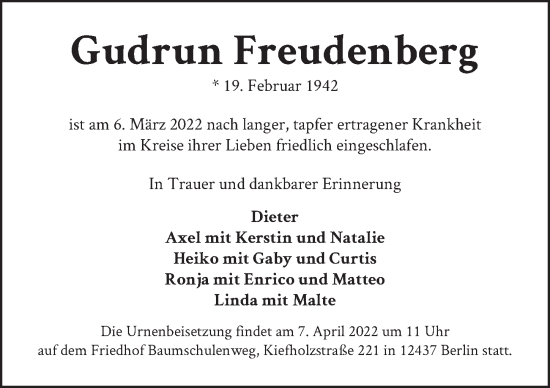 Traueranzeige von Gudrun Freudenberg von Berliner Zeitung