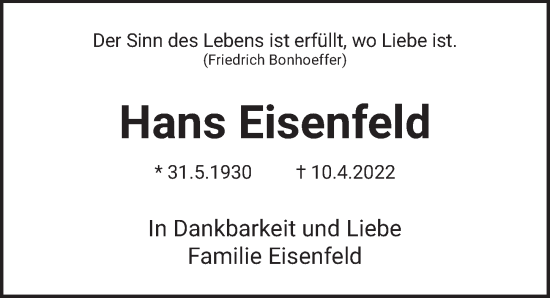 Traueranzeige von Hans Eisenfeld von Berliner Zeitung