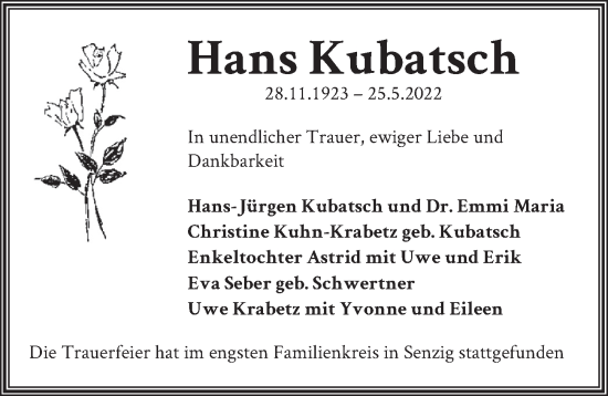 Traueranzeige von Hans Kubatsch von Berliner Zeitung