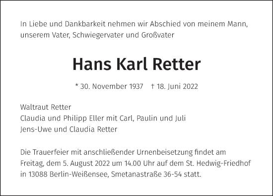 Traueranzeige von Hans Karl Retter von Berliner Zeitung