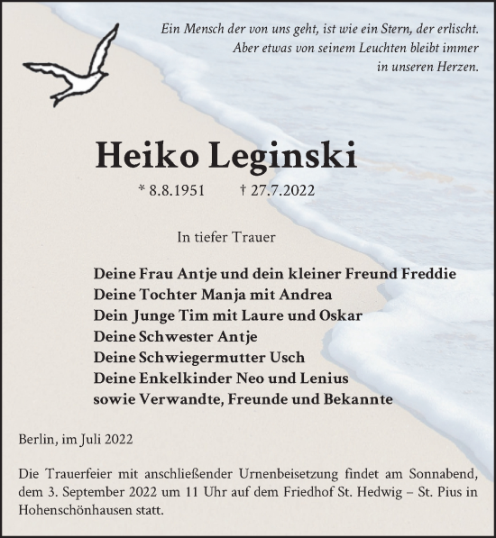 Traueranzeige von Heiko Leginski von Berliner Zeitung